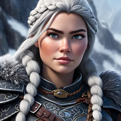 Prompt: <mymodel>animated CGI style, caucasian white, black hair, viking female warrior, detailed braided hair and battle scars, rugged and weathered armor, intense and determined gaze, snowy and rugged landscape, fierce, warrior, detailed hair, battle scars, snowy landscape, intense gaze, weathered armor, dramatic lighting