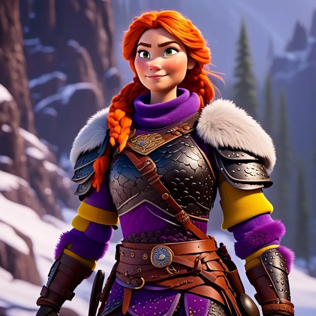 Prompt: <mymodel>CGi Animation, 25-year-old viking woman warrior with yellow eyes, a snowy scene, the viking woman has a subtle smile, hazel color hair, she has red gear, orange armor with bursts of purple textured splotches, black pants, black boots