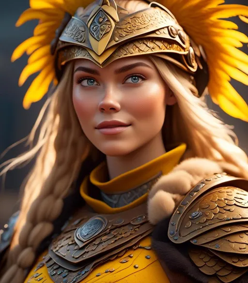 Prompt: <mymodel>CGI Animation, digital art, 20-year-old-old viking woman with light blue eyes, yellow mask over her eyes, yellow clothes, gold colored armor, blonde straight hair, subtle smile, unreal engine 8k octane, 3d lighting, close up camera shot on the face, full armor