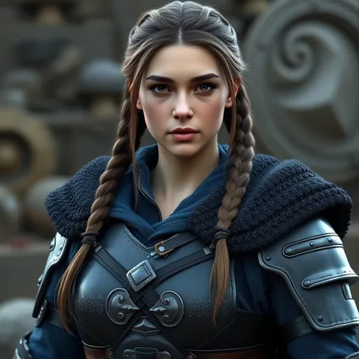 Prompt: Digital art, 18-year-old viking woman, blue gear, blue clothes, dark blue armor, brunette hair, two braids behind her back, dark brown eyes, unreal engine 8k octane, 3d lighting, full body, full armor