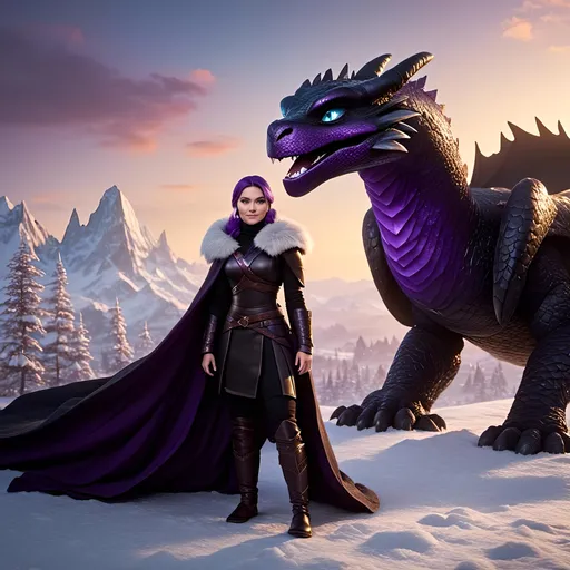 Prompt: Photo of <mymodel> standing next to her ((black)) razorwhip dragon from How to Train Your Dragon in the snow, she has light blue eyes, she is wearing a fur hood over her head, she is wearing a fur cape