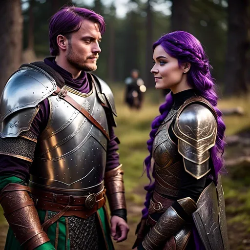 Prompt: Photo of <mymodel> standing next to her young husband Jarl Mollerson who has green gear and silver armor and ((short brown hair)), she is slightly shorter than him, Jarl Mollerson has a young looking face like hiccup