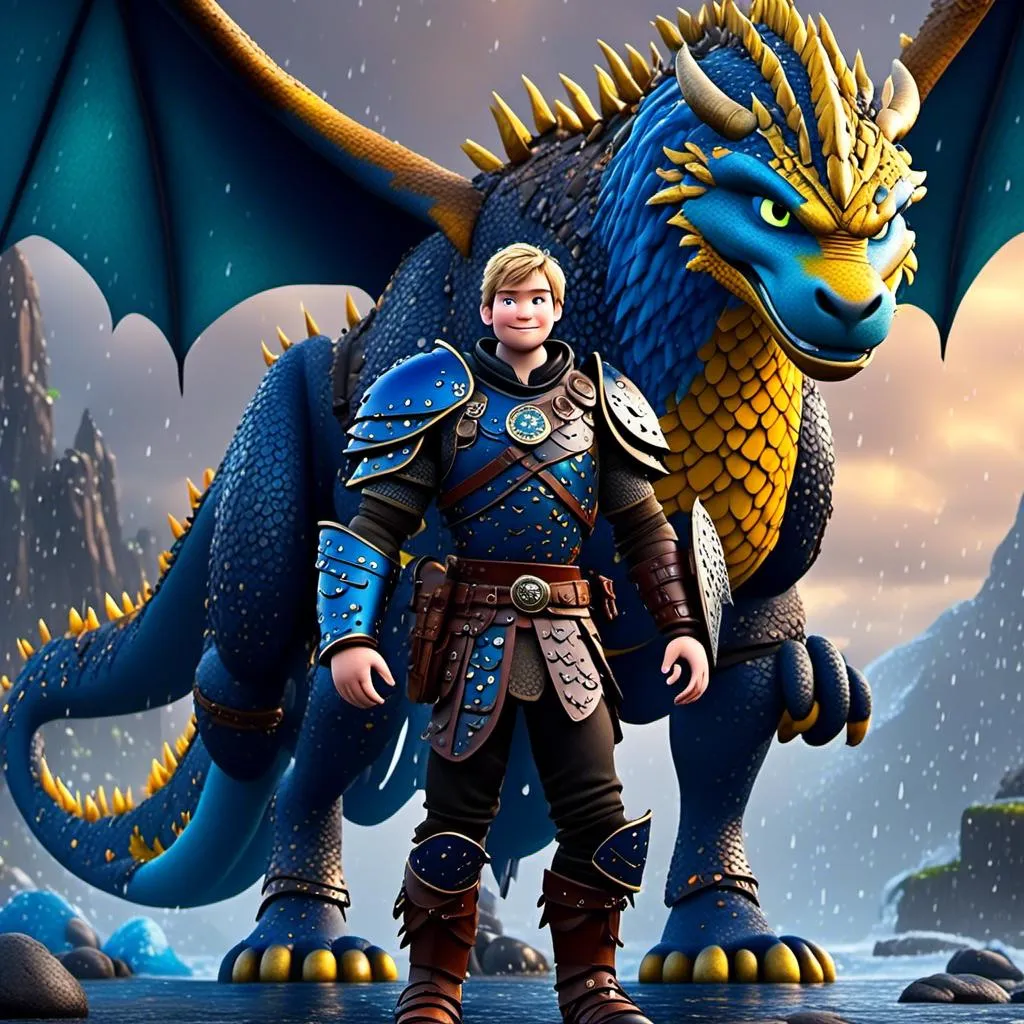 Prompt: <mymodel>CGi Animation, 20-year-old viking man with blue eyes, a rainy scene, he is standing next to a bright blue dragon with gold highlights, they are both in the rain, the viking man has a subtle smile, blonde hair, he has blue gear, gold armor, black pants, black boots