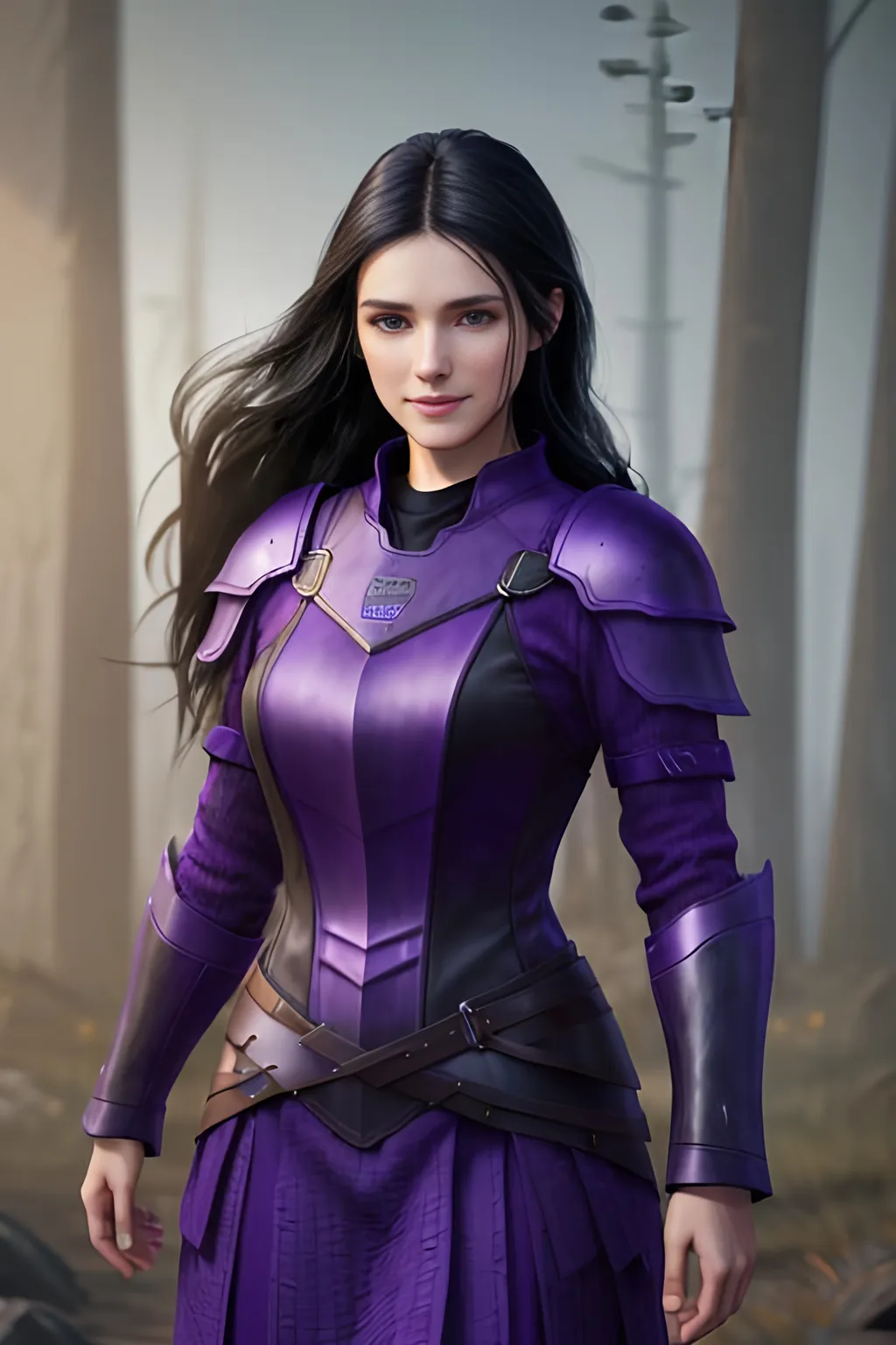 Prompt: Digital Art, 25-year-old viking woman, purple gear, purple clothes, subtle smile, black straight hair, dark purple eyes, a dark purple long-sleeve shirt, textured skirt down to knees, dark purple pants, dark purple armor, long black hair with volume, middle part in hair, leather boots, dark purple gear, unreal engine 64k octane, hdr, 3d lighting, full body, full armor