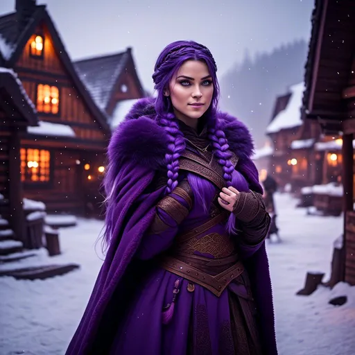 Prompt: Photo of <mymodel> with a heavy purple fur coat wearing a hood with a purple fur edge, she is in a viking village standing as snow falls, ((she has a single braid down her shoulder))