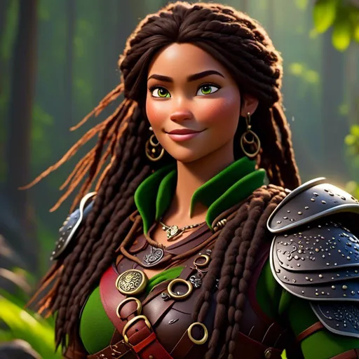 Prompt: <mymodel>CGI Animation, 20-year-old-old pirate woman, thick forest scene, {{brown gear, silver armor}}, brunette hair, dreadlocks, subtle smile, beads hair, small red earrings, multiple braids, green gear, straight hair, green eyes, bracelets, rings on fingers, mercenary gear, unreal engine 8k octane, 3d lighting, full body, full armor