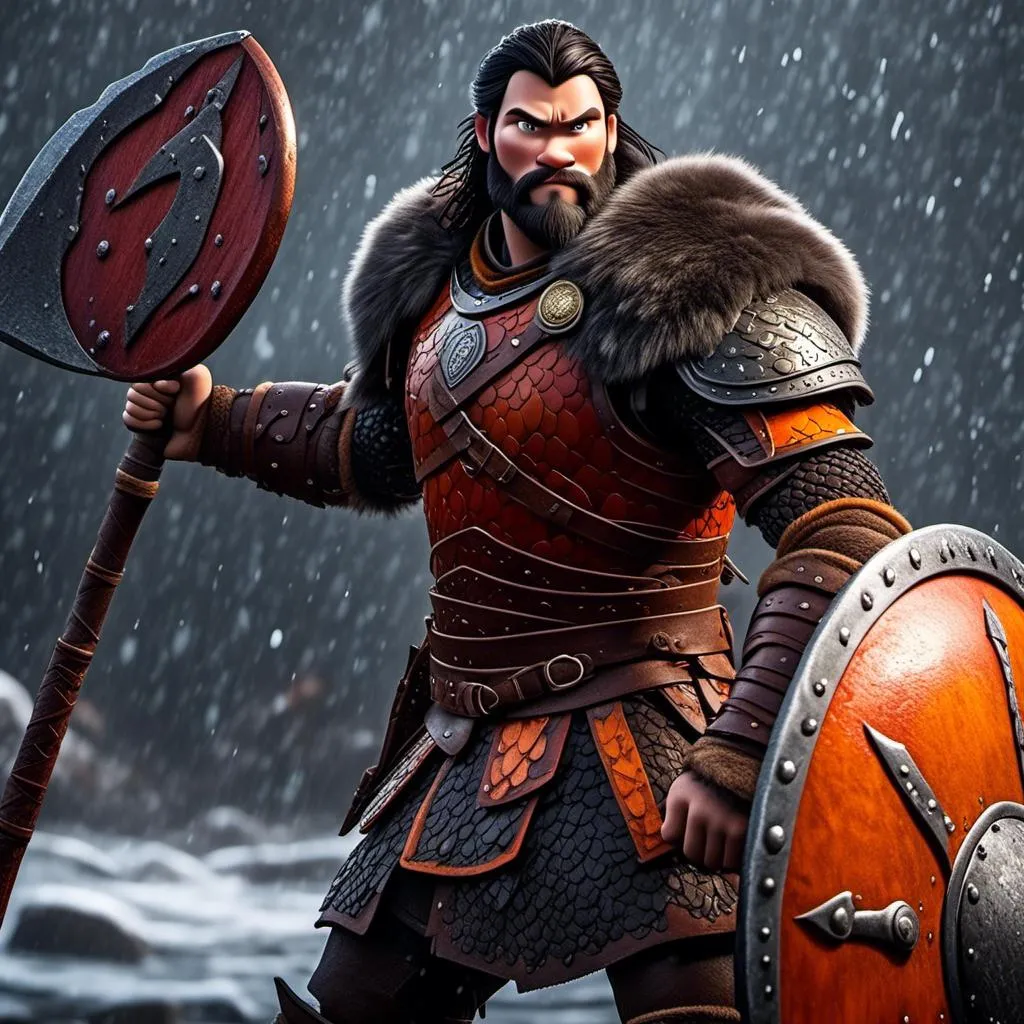 Prompt: <mymodel>Animated CGI style of a fierce Viking male about 25 years old, black hair, detailed facial features, leather armor {{((red))}} and orange armor, battle axe and shield, standing in the rain, intense and determined expression, dynamic and powerful pose, CGI, fierce male, Nordic designs, battle-ready, dynamic pose, professional lighting