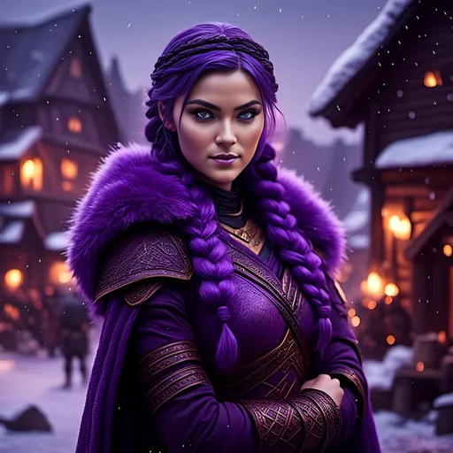 Prompt: Photo of <mymodel> with a heavy purple fur coat wearing a hood with a purple fur edge, she is in a viking village standing as snow falls, ((she has a single braid down her shoulder))