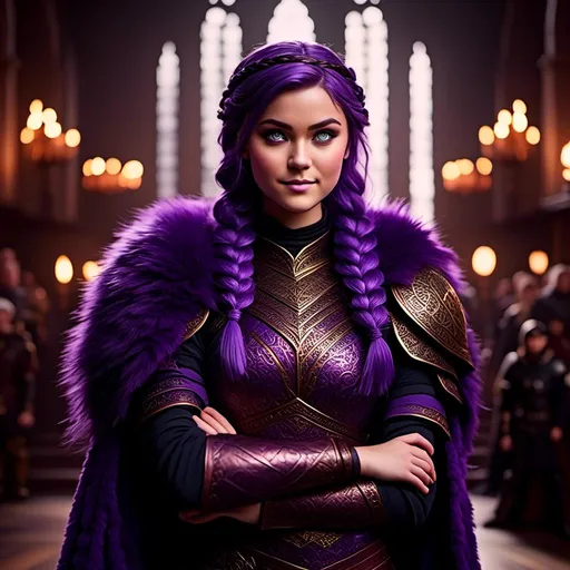 Prompt: A photo of <mymodel> with a heavy purple fur tunic in The Great Hall from How to Train Your Dragon, ((she has a single hair braid down her shoulder))