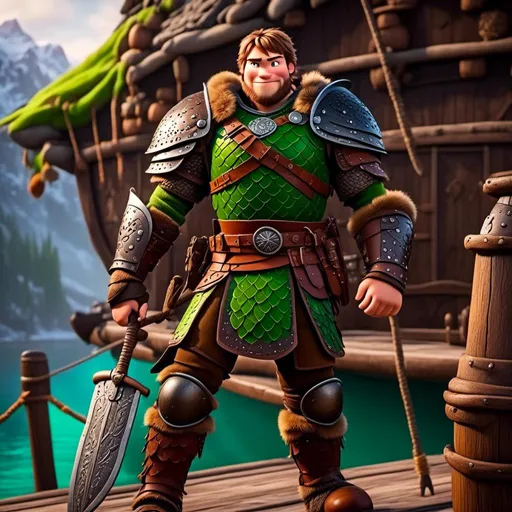 Prompt: <mymodel>Male viking warrior, thin and light muscle build, standing on the viking docks, there is a green dragon next to him, short brown hair, green eyes, green armor, brown gear, brown pants, brown boots, historical, strong and natural lighting