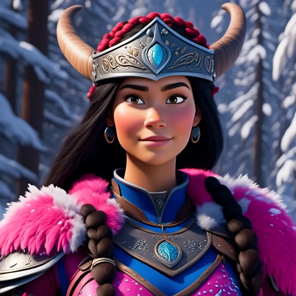 Prompt: <mymodel>CGI Animation, close-up portrait of the face, 20-year-old-old viking woman of royalty standing in the forest, a snowy scene, {{pink gear, blue armor}}, black hair, straight hair with a tiara, subtle smile, unreal engine 8k octane, 3d lighting, close up camera shot on the face, full armor