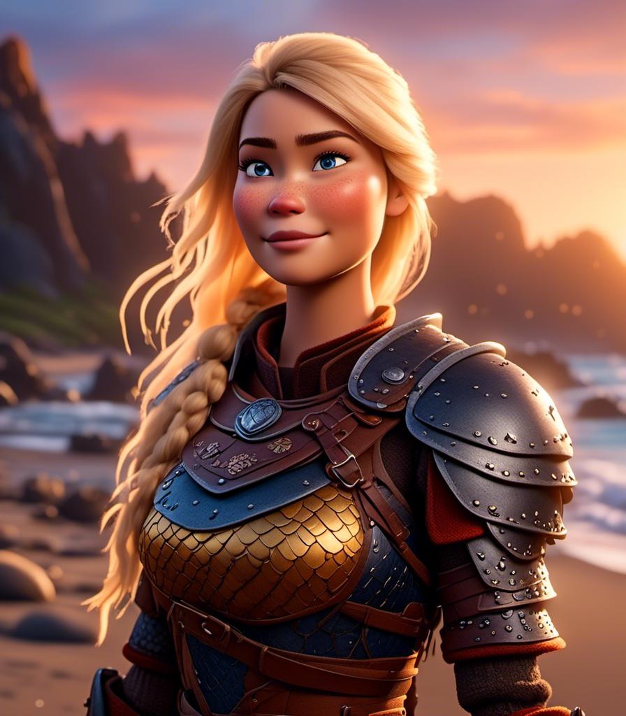 Prompt: <mymodel>CGI Animation, digital art, 20-year-old-old viking woman with light blue eyes standing around several hot springs on a beach, sunset lighting, blue clothes, blue colored armor, blonde straight hair, subtle smile, unreal engine 8k octane, 3d lighting, cinematic lighting, camera shot of full armor from head to toe