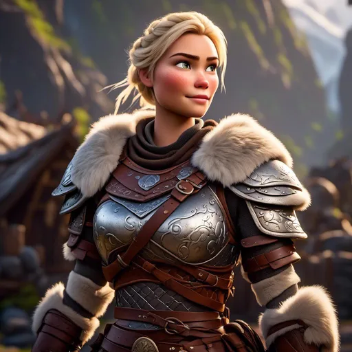 Prompt: digital CGI art of <mymodel>, 27-year-old modest Young woman viking, white gear, she has two iron frying pans to use as weapons, blonde hair, Quite well-built and lean muscled, green gold eyes, assassin's creed Valhalla armor, very short curly blonde hair