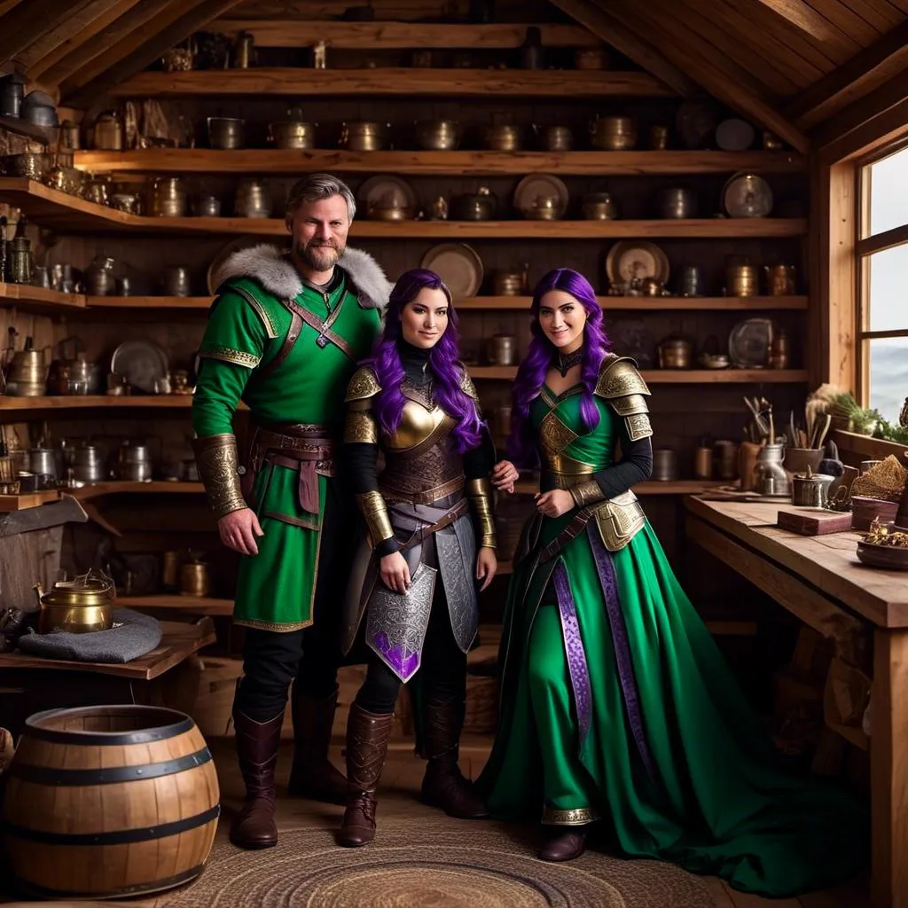 Prompt: Photo of <mymodel> standing in his hut with her husband Jarl Everson who has brown short wavy hair and green gear