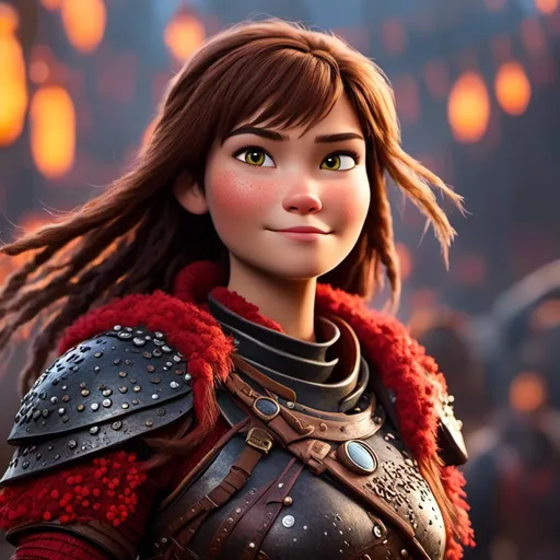 Prompt: <mymodel>CGI Animation of a viking female, brown hair in her face, hazel eyes, bright red gear and armor, she has heavy gauntlets on her hands with armored gloves, yellow highlights and textures, standing in a viking village, intricate details, high quality, digital painting, cool tones, dramatic lighting