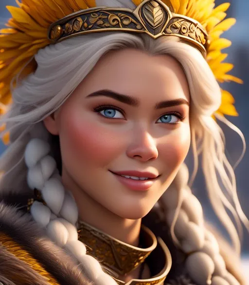 Prompt: <mymodel>CGI Animation, digital art, 20-year-old-old viking woman with light blue eyes, yellow clothes, gold colored armor, white hair, double braids down her shoulders with a tiara, subtle smile, unreal engine 8k octane, 3d lighting, close up camera shot on the face, full armor