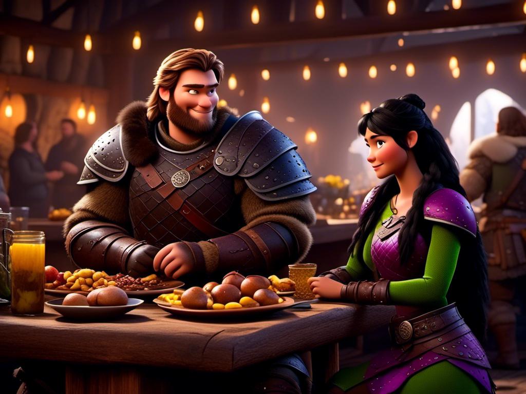 Prompt: <mymodel>CGI Animation, digital art, 20-year-old-old viking woman of royalty standing a busy tavern having a meal with her husband Jarl, Jarl is clean shaven, {{the woman has purple armor}}, black hair, straight hair with a tiara, subtle smile, Jarl has green armor and brown gear, unreal engine 8k octane, 3d lighting, close up camera shot on the face, full armor