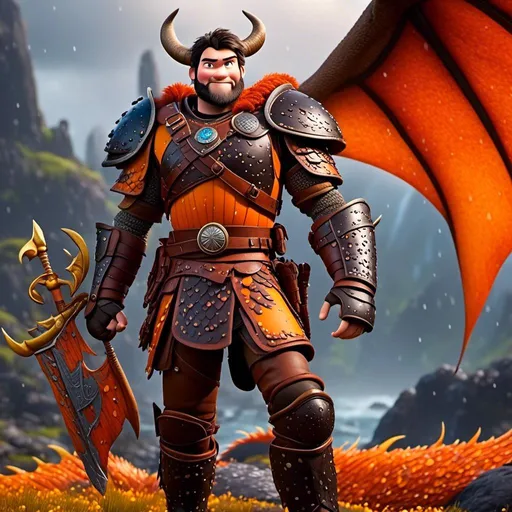 Prompt: <mymodel>CGi Animation, 20-year-old viking man with blue eyes, a rainy scene, the viking man has a subtle smile, black hair, he has orange gear, yellow armor with bursts of red splotches, black pants, black boots, he is standing next to a bright orange dragon with gold highlights, they are both in the rain