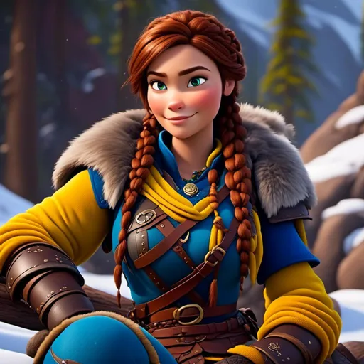 Prompt: <mymodel>CGI Animation, close-up portrait of the face, 20-year-old-old pirate woman sitting on a snow bank, a snowy scene, {{yellow gear, blue armor}}, brunette hair, dreadlocks with a faded buzz cut on the side of the head, subtle smile, beads hair, small red earrings, multiple braids, yellow gear, straight hair, green eyes, bracelets, rings on fingers, mercenary gear, unreal engine 8k octane, 3d lighting, close up camera shot on the face, full armor