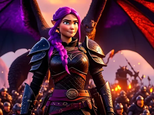 Prompt: <mymodel>CGI Animation, digital art, 20-year-old-old viking woman with light blue eyes and purple hair, intensely looking over battle orders with her troops, black dragon scale helmet covering face, dragon wings coming out from her back, movie poster, armory lit with torches, black clothes, black dragon scaled colored armor, purple hair, single braid down her shoulder with a gold tiara, subtle smile, unreal engine 8k octane, 3d lighting, close up camera shot on the face, full armor