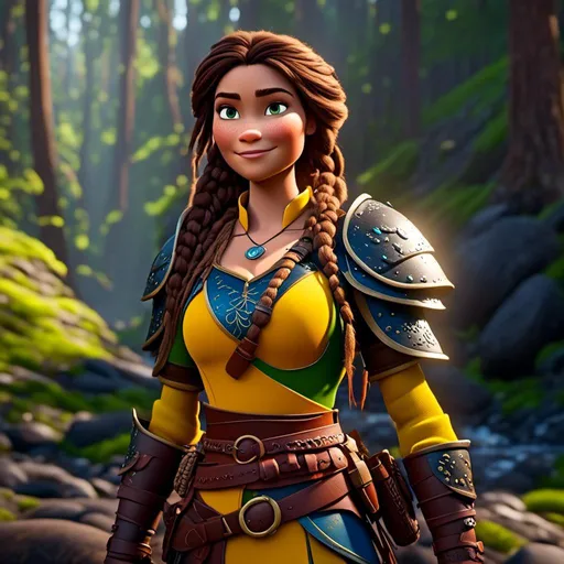 Prompt: <mymodel>CGI Animation, 20-year-old-old pirate woman, thick forest scene, {{yellow gear, blue armor}}, brunette hair, dreadlocks, subtle smile, beads hair, small red earrings, multiple braids, yellow gear, straight hair, green eyes, bracelets, rings on fingers, mercenary gear, unreal engine 8k octane, 3d lighting, full body, full armor