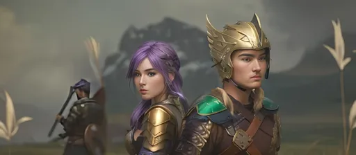 Prompt: create a female and male viking warriors, the female has purple hair and is holding and axe, her gear is black and silver.

The male has short brown hair with a gold helmet and holds a sword, his gear is shades of green with brown leather

They are in a grassy field