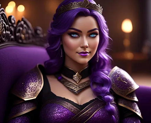 Prompt: <mymodel>CGI Animation, digital art, 20-year-old-old viking woman with light blue eyes, lying down on the couch in the living room, {{black gear, purple armor}}, purple hair with purple strands, single braid down her shoulder with a tiara, subtle smile, unreal engine 8k octane, 3d lighting, close up camera shot on the face, full armor