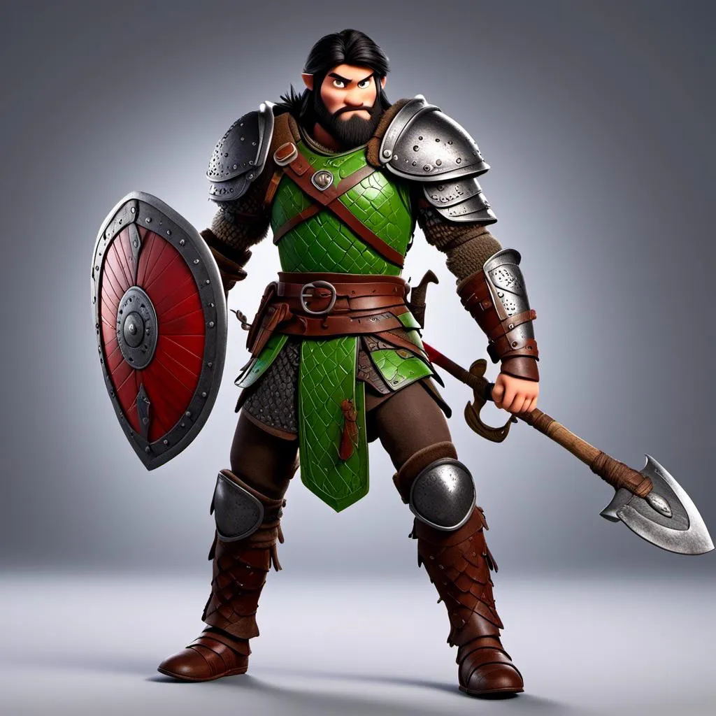 Prompt: <mymodel>Animated CGI style of a fierce Viking male about 25 years old, black hair, detailed facial features, leather armor {{((red))}} and green armor, battle axe and shield, intense and determined expression, dynamic and powerful pose, high definition, CGI, detailed armor, fierce female, Nordic designs, battle-ready, dynamic pose, professional lighting