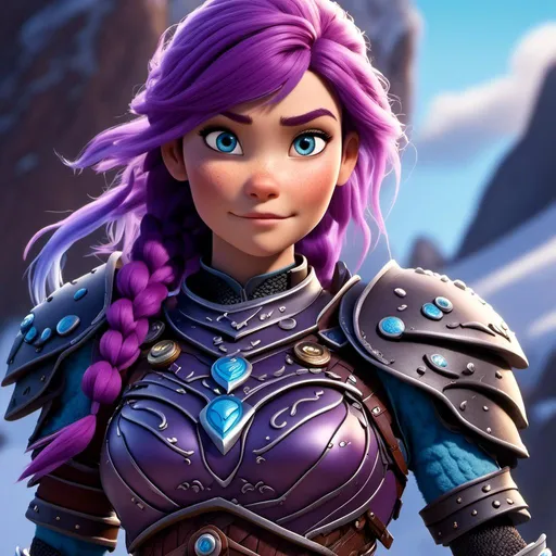 Prompt: <mymodel>CGI Animation of a viking female, purple hair in a single braid, light blue eyes, purple and black gear and armor, intricate details, high quality, digital painting, cool tones, dramatic lighting