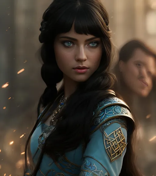 Prompt: she has black hair, create most beautiful fictional female viking princess warrior, black hair, light blue eyes, extremely detailed environment, detailed background, intricate, detailed skin, professionally color graded, photorealism, 8k, moody lighting