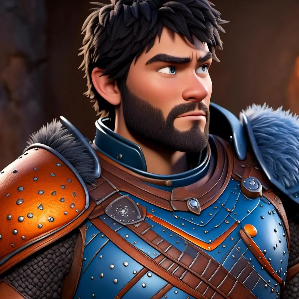 Prompt: <mymodel>Animated CGI style of a kind Viking male scholar with black hair, thoughtful gaze, realistic blue armor with bursts of orange textures, high quality, fur textures, highres, professional, intense lighting