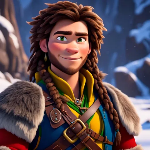 Prompt: <mymodel>CGI Animation, close-up portrait of the face, 20-year-old-old pirate man, sitting on a snow bank, a snowy scene, {{yellow gear, blue armor}}, brunette hair, dreadlocks, subtle smile, beads hair, small red earrings, multiple braids, yellow gear, straight hair, green eyes, bracelets, rings on fingers, mercenary gear, unreal engine 8k octane, 3d lighting, close up camera shot on the face, full armor