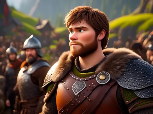 Prompt: <mymodel>CGI Animation, digital art, 20-year-old-old viking man with light green eyes and short brown hair, standing outside in his viking village among his people, green clothes, silver colored armor, brown hair hair, subtle smile, unreal engine 8k octane, 3d lighting, close up camera shot on the face, full armor