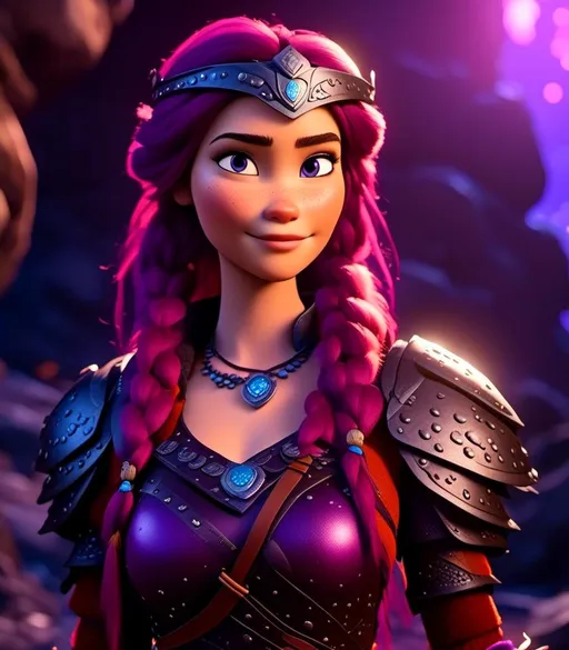 Prompt: <mymodel>CGI Animation, digital art, 20-year-old-old viking woman with light blue eyes, in a cave with dim torches, she is of royalty standing, {{black gear, purple armor}}, purple hair, single braid down her shoulder with a tiara, subtle smile, unreal engine 8k octane, 3d lighting, close up camera shot on the face, full armor