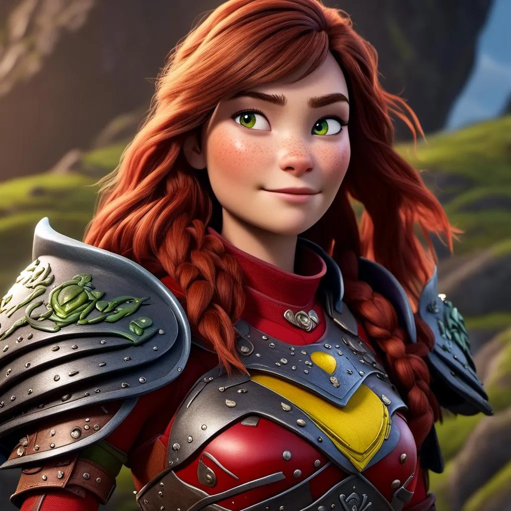 Prompt: <mymodel>CGI Animation of a viking female, brown hair, bright red gear and armor, yellow highlights and textures, green eyes, intricate details, high quality, digital painting, cool tones, dramatic lighting