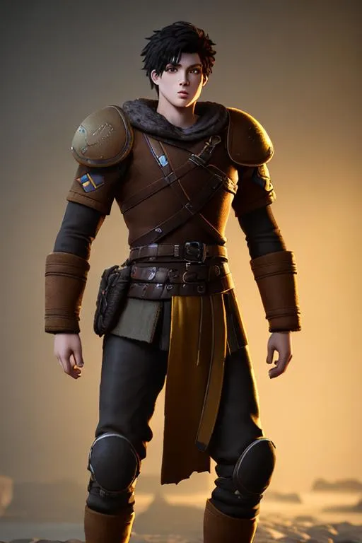 Prompt: Digital art, 21-year-old viking boy, black wavy hair, brown eyes, yellow viking gear, adventurer, unreal engine 64k octane, 3d lighting, full body, full armor