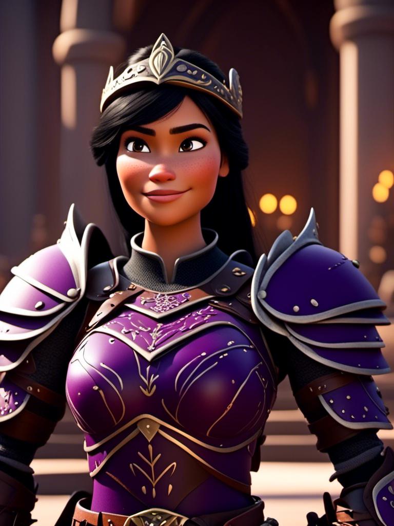 Prompt: <mymodel>CGI Animation, digital art, 20-year-old-old viking woman of royalty standing in The Great Hall on the Isle of Berk, {{purple gear, black armor}}, black hair, straight hair with a tiara, subtle smile, unreal engine 8k octane, 3d lighting, close up camera shot on the face, full armor