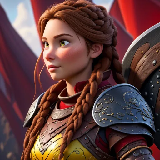 Prompt: <mymodel>CGI Animation of a viking female, brown hair with some braids, hazel eyes, bright red gear and armor, yellow highlights and textures, intricate details, high quality, digital painting, cool tones, dramatic lighting