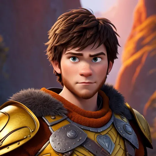 Prompt: <mymodel>Animated CGI style of a fierce 24-year-old Caucasian Viking with dark hair, light body build, intense gaze, realistic (yellow light armor) with highlights of orange textures, high quality, CGI, realistic, intense gaze, viking, male, Caucasian, detailed facial features, highres, professional, intense lighting