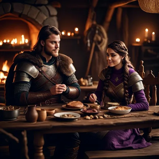 Prompt: Photo of a young <mymodel> sitting at the supper table with her husband a young Jarl Mollerson with short brown hair and no beard in their viking house