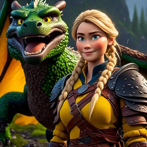 Prompt: <mymodel>CGi Animation, 20-year-old viking woman with one hair braid, rainy scene, subtle smile, blonde hair, blue eyes, green gear, green armor, yellow clothes, she is standing next to a blue dragon, yellow textures and highlights, unreal engine 8k octane, 3d lighting, full body, full armor