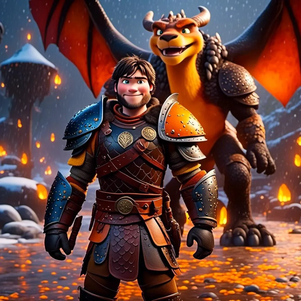 Prompt: <mymodel>CGi Animation, 20-year-old viking man with blue eyes, a rainy scene, the viking man has a subtle smile, black hair, he has orange gear, yellow armor with bursts of red splotches, black pants, black boots, he is standing next to a bright orange dragon with gold highlights, they are both in the rain