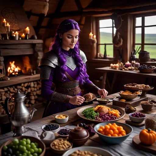 Prompt: Photo of <mymodel> setting the supper table with food prepared for two in her viking house