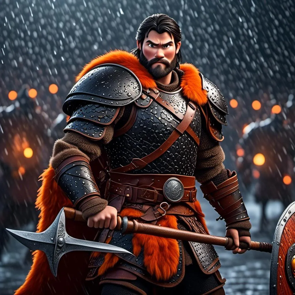 Prompt: <mymodel>Animated CGI style of a fierce Viking male about 25 years old, black hair, detailed facial features, leather armor {{((red))}} and orange armor, battle axe and shield, standing in the rain, intense and determined expression, dynamic and powerful pose, CGI, fierce male, Nordic designs, battle-ready, dynamic pose, professional lighting