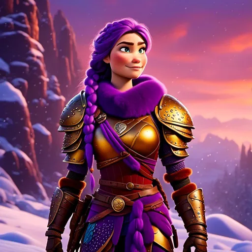 Prompt: Photo of <mymodel> standing in the snow, viking warrior, light blue eyes, purple hair, single braid down her shoulder, purple gear, gold armor, purple pants, gold boots