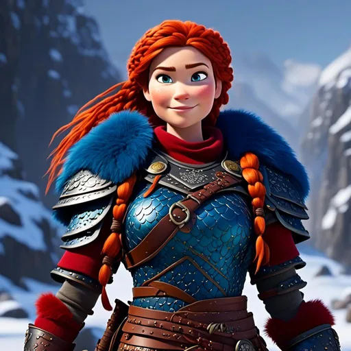 Prompt: <mymodel>CGi Animation, 25-year-old viking woman warrior with blue eyes, a snowy scene, the viking woman has a subtle smile, red hair with lots of braids, she has red gear, gold armor with bursts of blue textured splotches, black pants, black boots