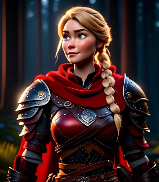 Prompt: <mymodel>CGI Animation, digital art, 20-year-old-old viking woman with light blue eyes standing in a dimly lit forest, blue assassin's creed clothes, red colored armor, blonde straight hair, subtle smile, unreal engine 8k octane, 3d lighting, cinematic lighting, camera shot of full armor from head to toe