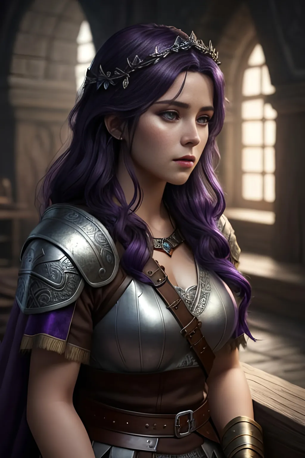 Prompt: create most beautiful fictional female viking princess with dark purple hair, another beautiful fictional female but with black hair, extremely detailed environment, detailed background, intricate, detailed skin, professionally color graded, photorealism, 8k, moody lighting