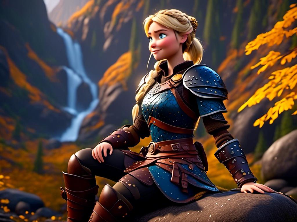 Prompt: <mymodel>CGi Animation, 20-year-old viking woman with blue eyes, ((she is wearing a tiara)), a rainy scene, she is sitting on a boulder in a forest, the viking woman has a subtle smile with it pouring down rain, blonde hair in a ponytail style, she has blue gear, gold armor, black pants, black boots