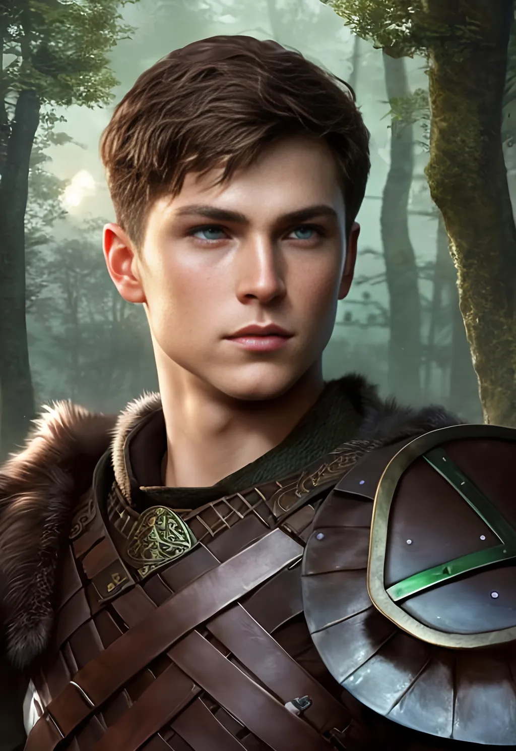 Prompt: he has short brown hair, create most handsome fictional male viking warrior, short brown hair, light green eyes, extremely detailed environment, detailed background, intricate, detailed skin, professionally color graded, photorealism, 16k, moody lighting